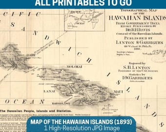 1893 Map of the Hawaiian or Sandwich Islands | Digital Map Print