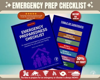 May include: A blue and white checklist titled "Emergency Preparedness Checklist" with a family of four inside a house. The checklist is an essential guide for preparing for emergencies and disasters. The text "50% Off Today!" is in a red circle.