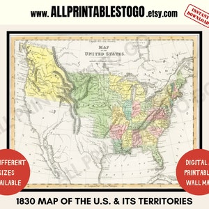 Map of the United States in 1830 | Printable Digital Vintage Maps | Old USA Map |.HIstorical Map of USA | Classroom Maps | Office Wall Maps