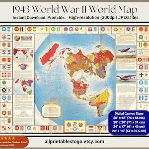 Carte de l'aviation de la Seconde Guerre mondiale imprimable en 1943 - Emblèmes de l'armée de l'air de 46 nations - Projection azimutale équidistante - Art mural vintage de la Seconde Guerre mondiale