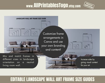 Può includere: Guide di dimensioni del telaio per l'arte murale del paesaggio modificabili per l'uso in Canva. L'immagine mostra un soggiorno con un divano e un tavolino da caffè. La parete dietro il divano presenta una griglia di cornici di diverse dimensioni con il testo "LANDSCAPE WALL ART FRAME SIZE GUIDE" in alto. Il testo "Customize frame arrangements in Canva and use your own branding and content!" è in un cerchio sul lato destro dell'immagine. Il testo "Increase sales by giving visual context for your art." è in un rettangolo in basso a destra dell'immagine.
