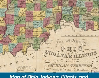 Map of Ohio, Indiana, Illinois, and Michigan Territory 1836 | Instant Download | US History Map