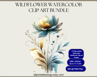 Watercolor Wildflower Clipart: Blue & Yellow Floral Designs (Instant Download)