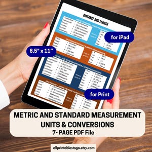 以下が含まれることがあります： デジタルタブレットには、測定変換チャートが表示されています。このチャートには、距離と長さの変換を含む、メートル法と米国の標準単位が含まれています。テキストは「メートル法と標準測定単位と変換」と書かれています。タブレットのサイズは21.59 cm x 27.94 cmです。