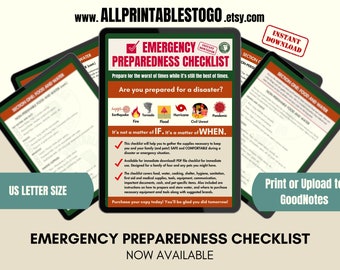 May include: A green and red checklist titled "Emergency Preparedness Checklist" with a green checkmark and the text "Instant Download". The checklist includes a list of potential disasters, such as earthquakes, fires, tornadoes, floods, hurricanes, civil unrest, and pandemics. The checklist also includes a section on non-perishable food and water. The checklist is available in US Letter size and can be printed or uploaded to GoodNotes.