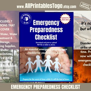 Può includere: Un elenco di controllo stampabile per la preparazione alle emergenze con uno sfondo blu e un titolo che recita "Elenco di controllo per la preparazione alle emergenze". L'elenco di controllo include sezioni per cibo, acqua, riparo, igiene, pronto soccorso, farmaci, strumenti e attrezzature, documenti, animali domestici e altro ancora. L'elenco di controllo è stato aggiornato per il 2024-2025.