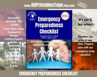 May include: A printable checklist for emergency preparedness with a blue background and a title that reads "Emergency Preparedness Checklist". The checklist includes sections for food, water, shelter, sanitation, first aid, medications, tools and equipment, documents, pets, and more. The checklist is updated for 2024-2025.