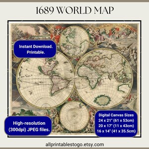 1689 World Map Print: Historical Wall Art (Digital Download)