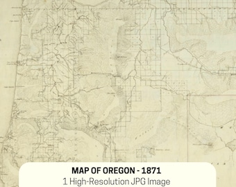 May include: A vintage map of Oregon from 1871, showing detailed geographical features. The high-resolution JPG image measures 81 cm wide by 64 cm high. The word "OREGON" is at the top. The image includes the text "MAP OF OREGON - 1871".