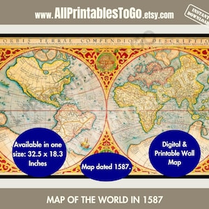 1587 Antique World Map Printable: Vintage Nautical Decor (Digital Download)