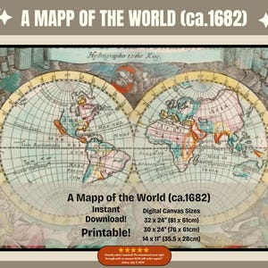 Map of the World by J. Seller (1682), Old World Maps, World History, 17th Century Maps, Downloadable Map, Map Wall Poster
