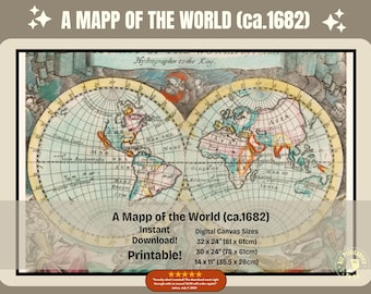 ヴィンテージ世界地図：1740年 二半球世界地図プリント（デジタル 