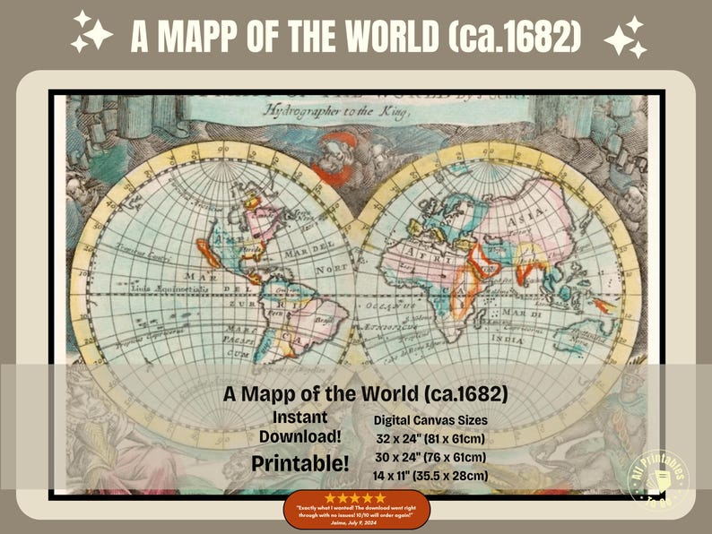 1682 World Map Poster: 17th Century Wall Art (digital Download) - Etsy