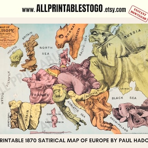 Kaart van Europa uit 1870: satirisch Europa | Politieke kaart van Europa | Digitale afdrukbare kaart