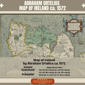 Druckbare Landkarte von Irland ca. 1572 von Abraham Ortelius, Historische Karte von Irland, Sofort Download, Geschichtskarte, Büro Wandkarte