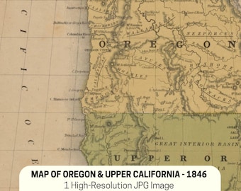 May include: A vintage map of Oregon and Upper California from 1846, featuring geographical details. The map is in sepia tones, with place names and text labels. The image includes the text "MAP OF OREGON & UPPER CALIFORNIA - 1846". The map measures 33cm W x 64cm H.