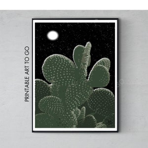 Kaktus nachts unter Vollmond | Druckbare Kunst Wüste | Sofortdownload | Wüstenkaktus Poster