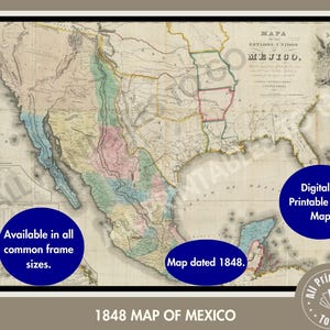 Map of the Mexican States in 1848, Printable Historical Mexico Maps, United States of Mexico Map, Old Mexico Map, Downloadable Map Poster