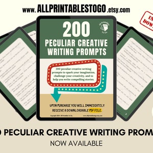 Puede incluir: Una ilustración digital de una pantalla de tableta que muestra un gráfico verde y rojo con el texto "200 PECULIAR CREATIVE WRITING PROMPTS". El texto "NOW AVAILABLE" se muestra debajo del gráfico. El texto "INSTANT DOWNLOAD" está en un círculo rojo en la esquina superior derecha de la imagen.