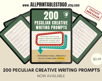 Könnte beinhalten: Eine digitale Illustration eines Tablet-Bildschirms, der eine grüne und rote Grafik mit dem Text "200 PECULIAR CREATIVE WRITING PROMPTS" anzeigt. Der Text "NOW AVAILABLE" wird unterhalb der Grafik angezeigt. Der Text "INSTANT DOWNLOAD" befindet sich in einem roten Kreis in der oberen rechten Ecke des Bildes.
