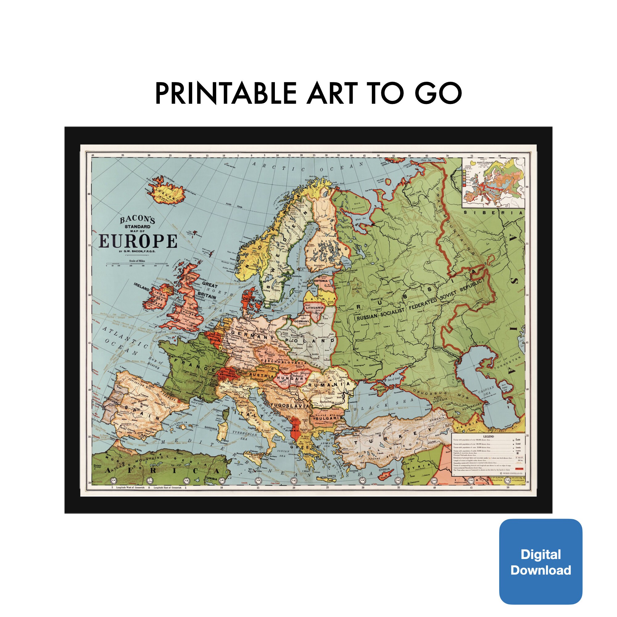 thumbnail image 2 of Bacon's Standard Wall Map Of Europe Circa 1921 - Large 24x32 Vintage Print Poster 2 of 6