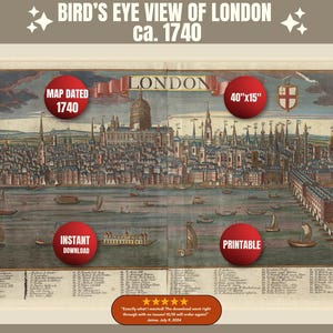 Druckbare Vogelansicht von London ca. 1740, Historische Landkarte von London, London des 18.Jahrhunderts, alte Landkarten von England
