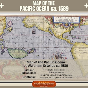 Mapa imprimible del siglo XVI del océano Pacífico, ca. 1589, de Abraham Ortelius, mapa antiguo descargable, atlas mundial de época, océano Pacífico