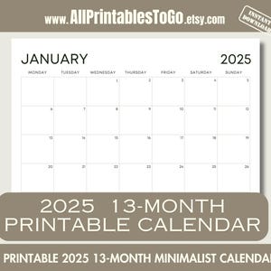 Calendario mensual de 13 meses 2025, calendario minimalista horizontal, semanas de lunes y domingo, descarga instantánea en PDF, tamaño carta y A4.