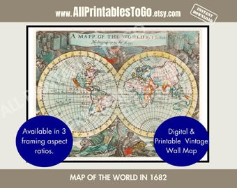 1864年ヴィンテージ世界地図：ブロンズアンティークスタイル（デジタル