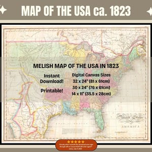 Map of the USA in 1823, Melish USA Map, American History, Historical Map, History Classroom Map, Office Wall Map, Printable Vintage USA Maps