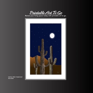 Printable Saguaro Cactus Printable Wall Art | Saguaro at Night Under a Full Moon | Botanical Wall Art  | Southwest Desert Home Decor