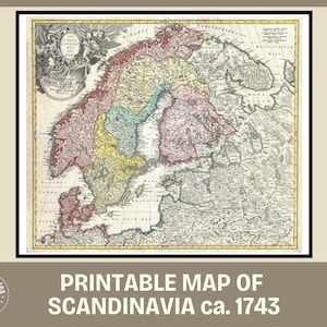 Druckbare Landkarte von Skandinavien ca. 1743 | Digitale antike Landkarten | Alte Landkarte von Skandinavien | Klassenzimmer Karte | Büro Wandkarte | Arbeitszimmer Karte