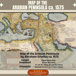 Printable Digital Map of the Arabian Peninsula ca. 1575, by Ortelius, Historical Middle East Map, Antique Map, Office Wall Decor