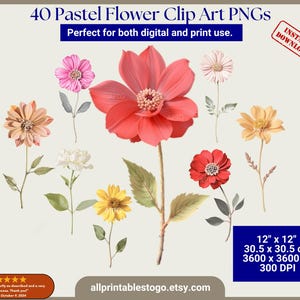 パステルフラワーのクリップアートセット – 透明な背景のPNG画像40枚、12x12インチ、高解像度、ジャンクジャーナル、スクラップブッキング、ウェディング印刷物