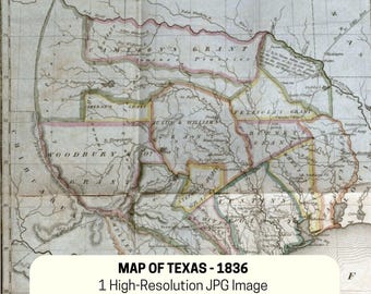 1836 Map of Texas: Vintage State History Print (Digital Download, 18x26" JPG)