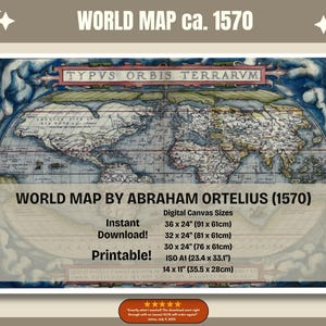 1570 Weltkarte ca. 1570, historische Ortelius Weltkarte, digitale 16th Century Wandkarte, Büro oder Klassenzimmer Wandkarte
