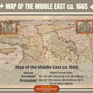 Carte du Moyen-Orient imprimable de 1665, cartographie du XVIIe siècle, carte historique du Moyen-Orient, histoire du Moyen-Orient, affiche de carte téléchargeable