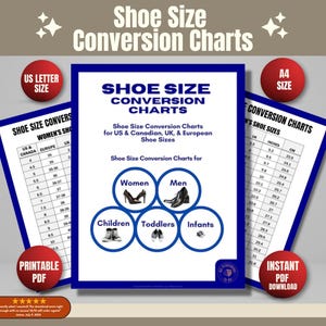 Tablas de conversión de tallas de calzado / Mujeres, hombres y niños / Guía de tallas internacionales / PDF / JPEG / Tallas de zapatillas / Imprimible / Carta de EE. UU. A4