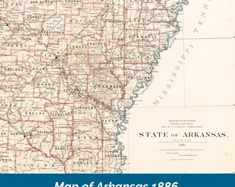 1886 Map of Arkansas | 28 x 21 inches | Instant Download