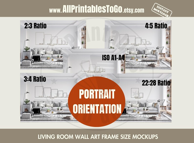 Frame Size Comparison Mockups, Living Room Setting, Aspect Ratio Charts