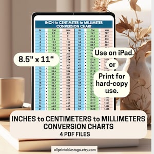 May include: A digital chart on a tablet screen displays inch to centimeter and millimeter conversions. The chart is labeled "INCH to CENTIMETER to MILLIMETER CONVERSION CHART." Text on the image says "Use on iPad" and "Print for hard-copy use."