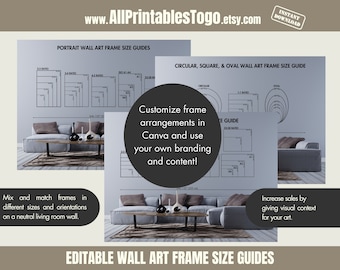 Può includere: Guide di dimensioni del telaio per opere d'arte da parete modificabili per telai di ritratto, circolari, quadrati e ovali. Le guide sono mostrate su una parete di un soggiorno neutro con un divano e un tavolino da caffè. Il testo "Personalizza gli arrangiamenti di cornici in Canva e usa il tuo marchio e il tuo contenuto!" è anche incluso.
