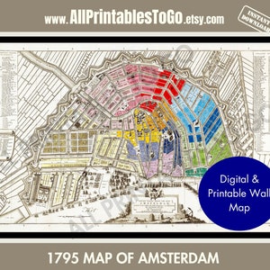 Carte d'Amsterdam en 1795, carte historique d'Amsterdam, histoire européenne, carte murale imprimable, carte téléchargeable, cartes historiques de l'Europe