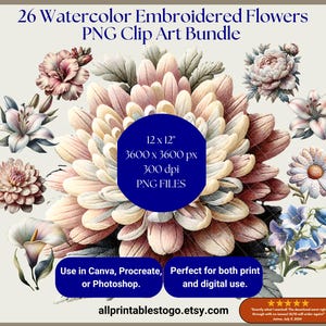 26 Spring Flower Clipart PNGs - Pastel Watercolor – Embroidered Spring Flowers – High-Resolution Images for Personal and Commercial Use