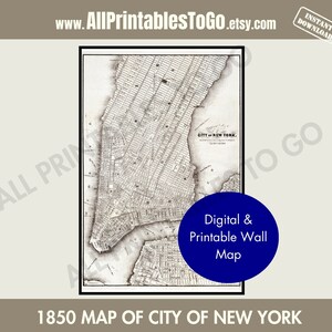 Carte de la ville de New York de 1850, carte historique imprimable de la ville de New York, carte ancienne numérisée, carte téléchargeable, carte murale numérique