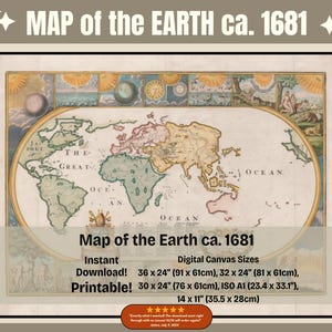 Map of the Earth Published in 1681, 17th Century World Map, Historical Old Map of the World, Downloadable and Printable Map