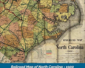 Vintage Railroad Map of North Carolina (1900) – Large 32x14” Digital Download