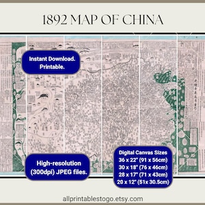 Druckbare Karte von China, historische Karte von China, herunterladbare Karte, digitale Vintage Karte