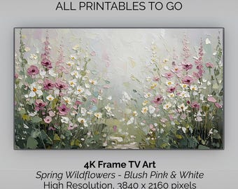 Frame TV Art: Spring Wildflowers Painting | Pastel Blush Pink and Cream
