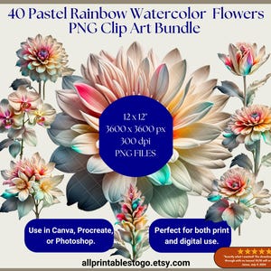 パステルレインボー水彩画の花のクリップアート画像40枚 - スクラップブッキング、文房具、デジタルプロジェクトに最適な高解像度PNG